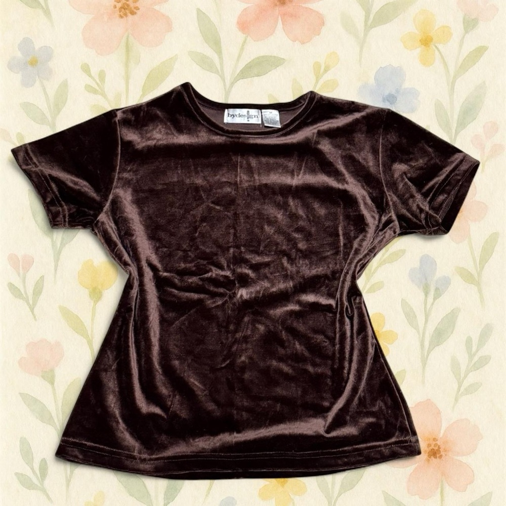 Vintage 90s Brown Velvet Top Medium Bydesign Velour Short Sleeve Baby Tee - Picture 6 of 7